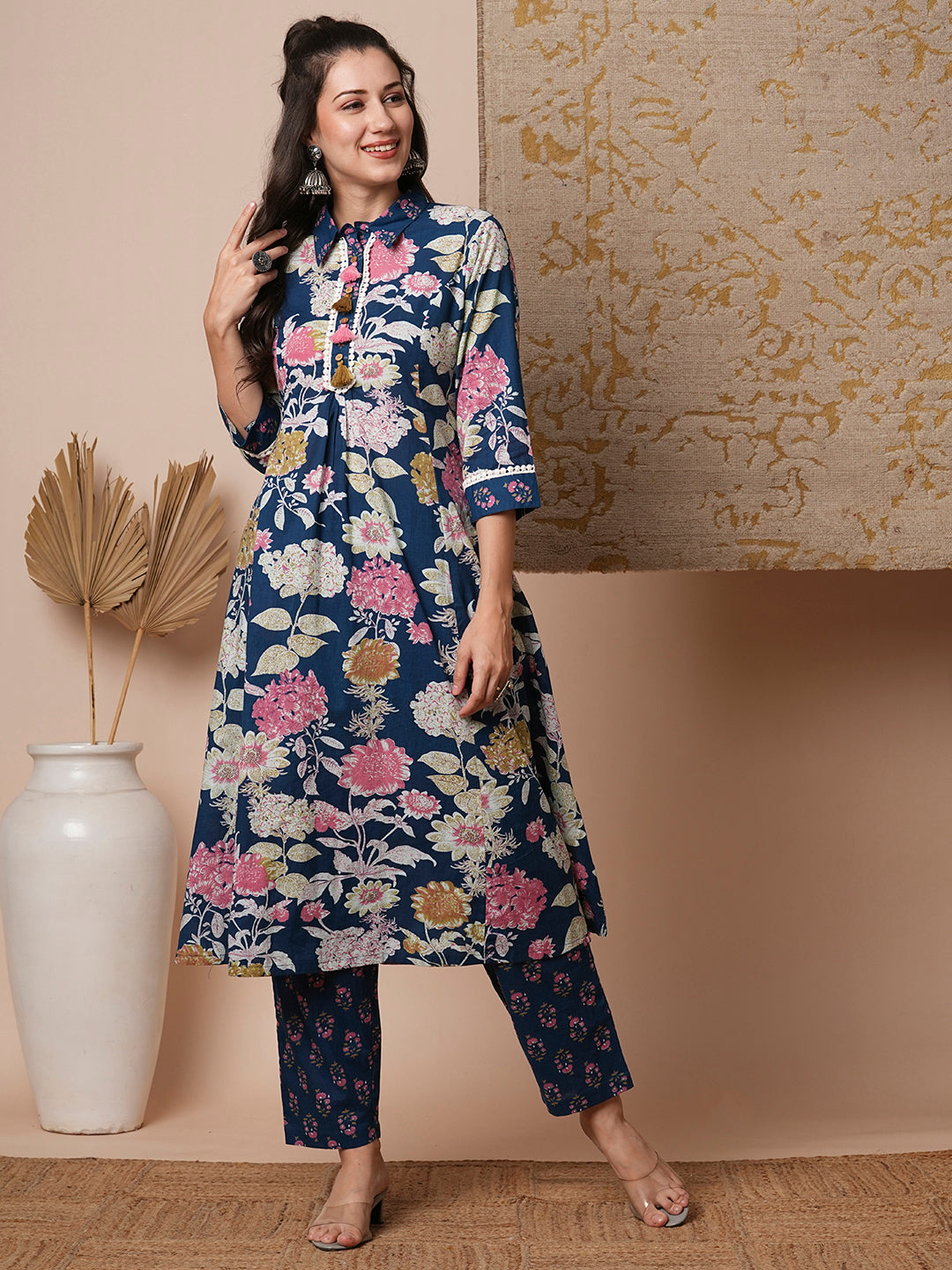 Ethnic Floral Printed A-Line Paneled Kurta with Pant - Blue