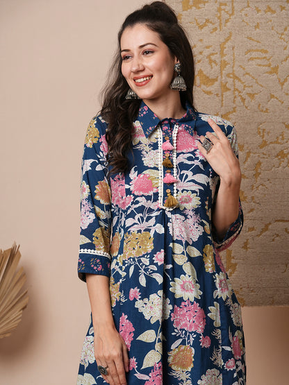 Ethnic Floral Printed A-Line Paneled Kurta with Pant - Blue