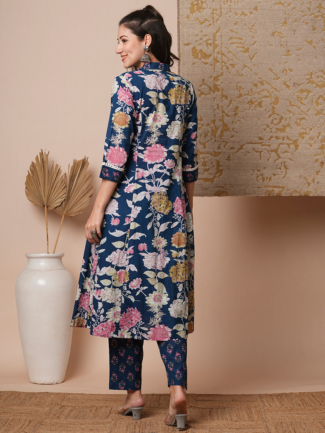 Ethnic Floral Printed A-Line Paneled Kurta with Pant - Blue