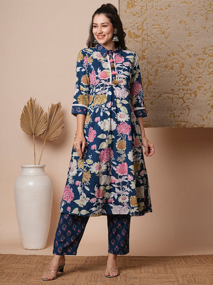 Ethnic Floral Printed A-Line Paneled Kurta with Pant - Blue