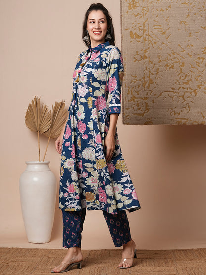 Ethnic Floral Printed A-Line Paneled Kurta with Pant - Blue