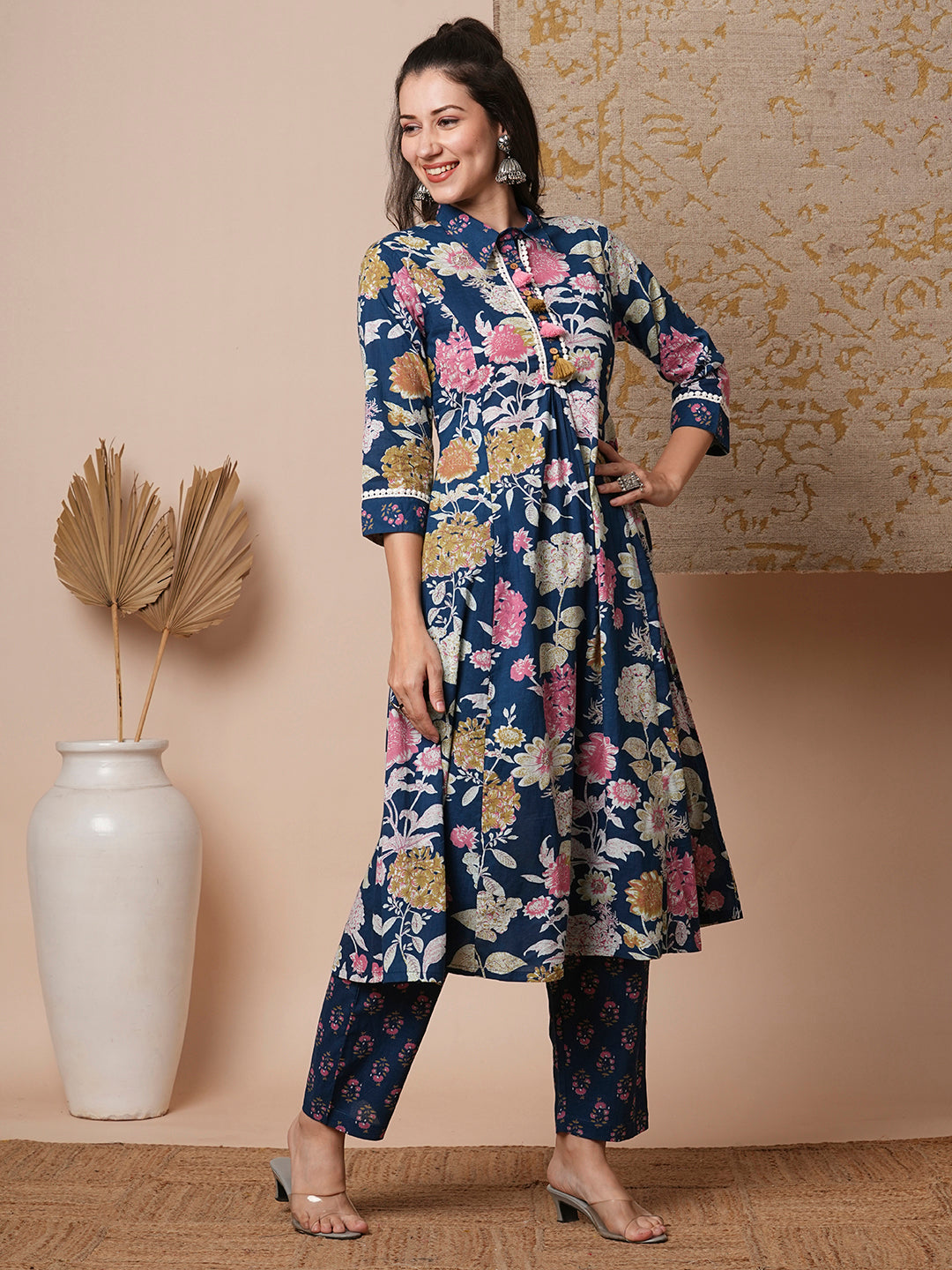 Ethnic Floral Printed A-Line Paneled Kurta with Pant - Blue