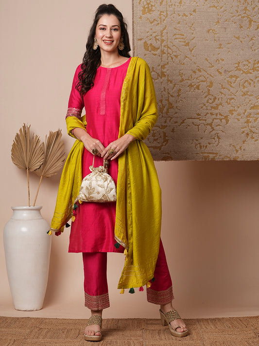 Solid Ethnic Embroidered Straight Fit Kurta with Pant & Dupatta - Pink