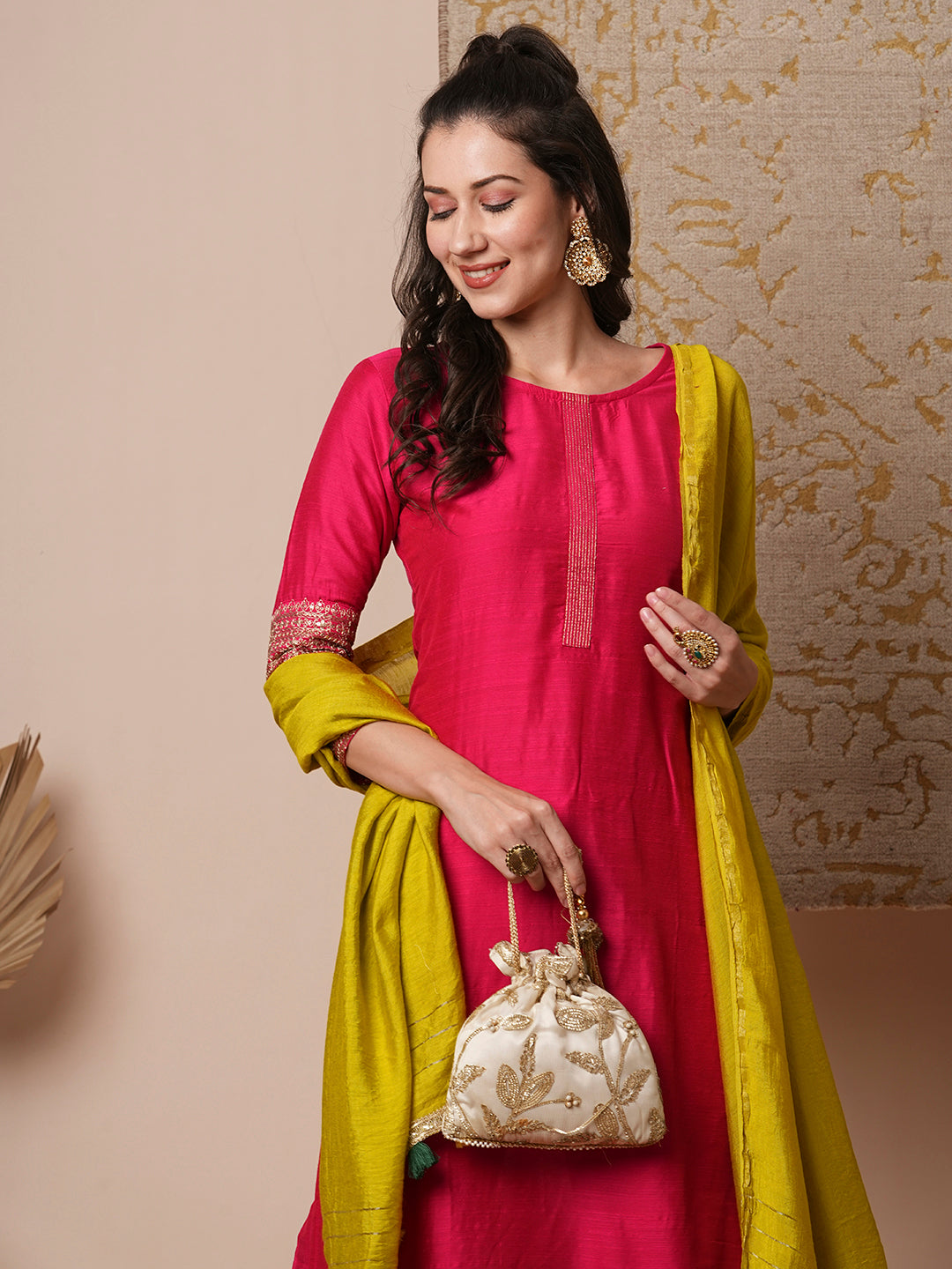 Solid Ethnic Embroidered Straight Fit Kurta with Pant & Dupatta - Pink