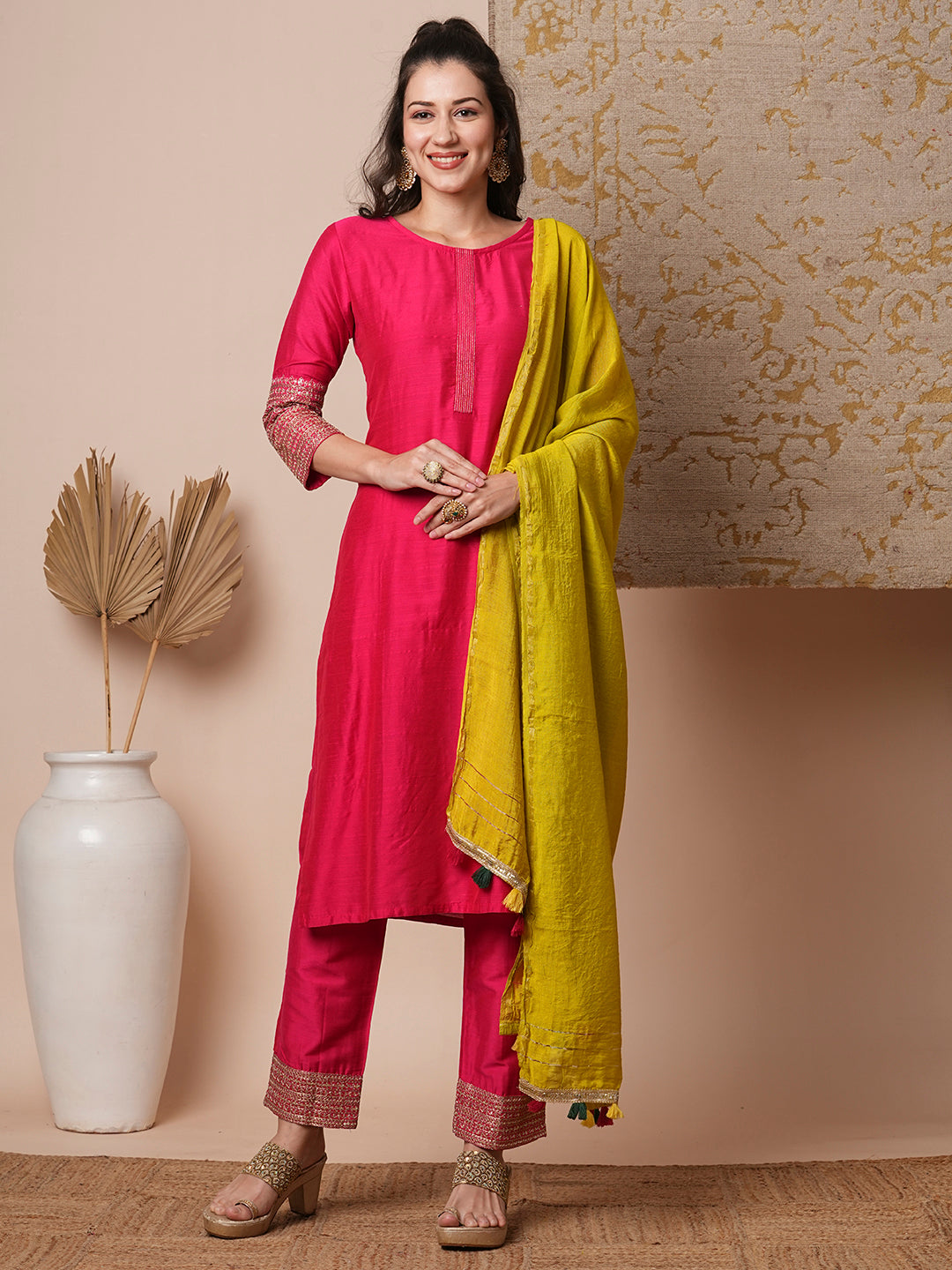 Solid Ethnic Embroidered Straight Fit Kurta with Pant & Dupatta - Pink