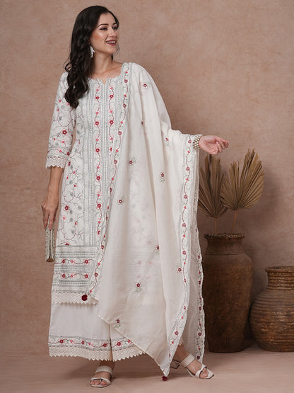 Solid Floral Embroidered Straight Fit Kurta with Palazzo & Dupatta - White