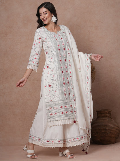 Solid Floral Embroidered Straight Fit Kurta with Palazzo & Dupatta - White