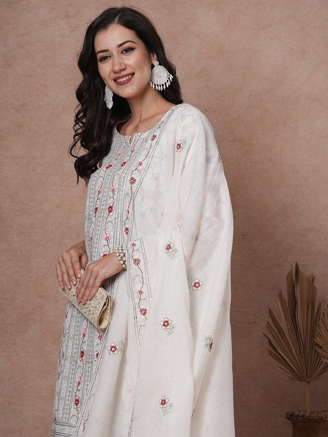 Solid Floral Embroidered Straight Fit Kurta with Palazzo & Dupatta - White