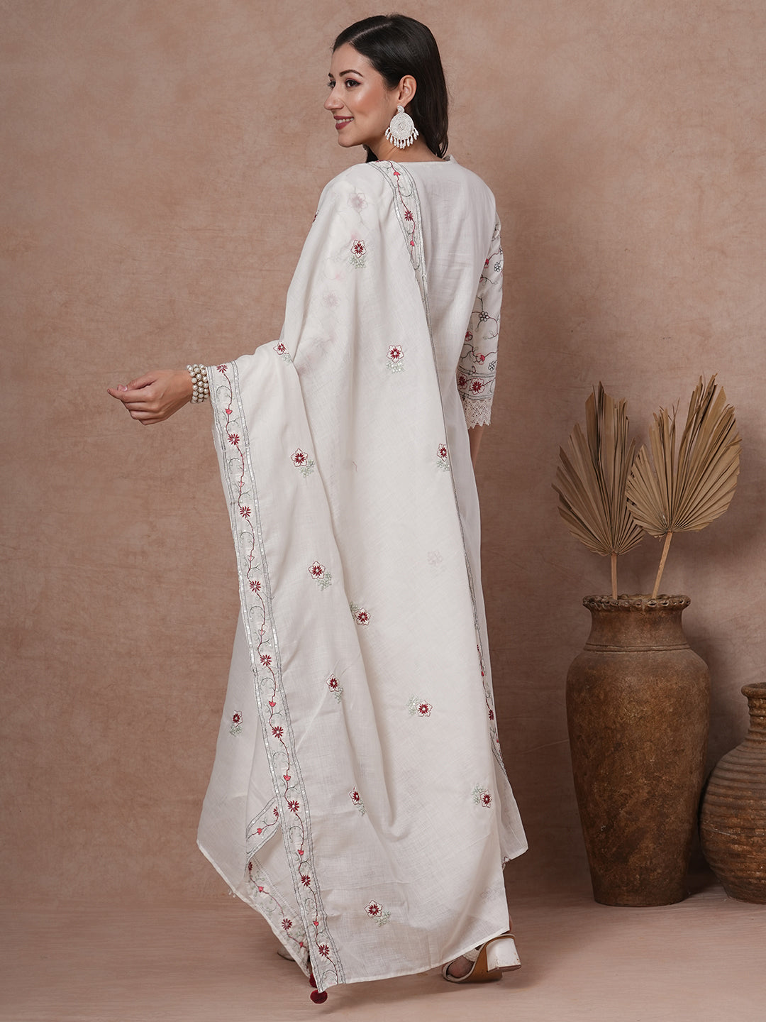 Solid Floral Embroidered Straight Fit Kurta with Palazzo & Dupatta - White