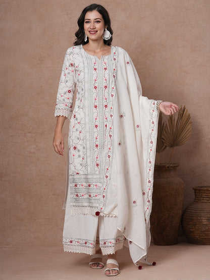 Solid Floral Embroidered Straight Fit Kurta with Palazzo & Dupatta - White