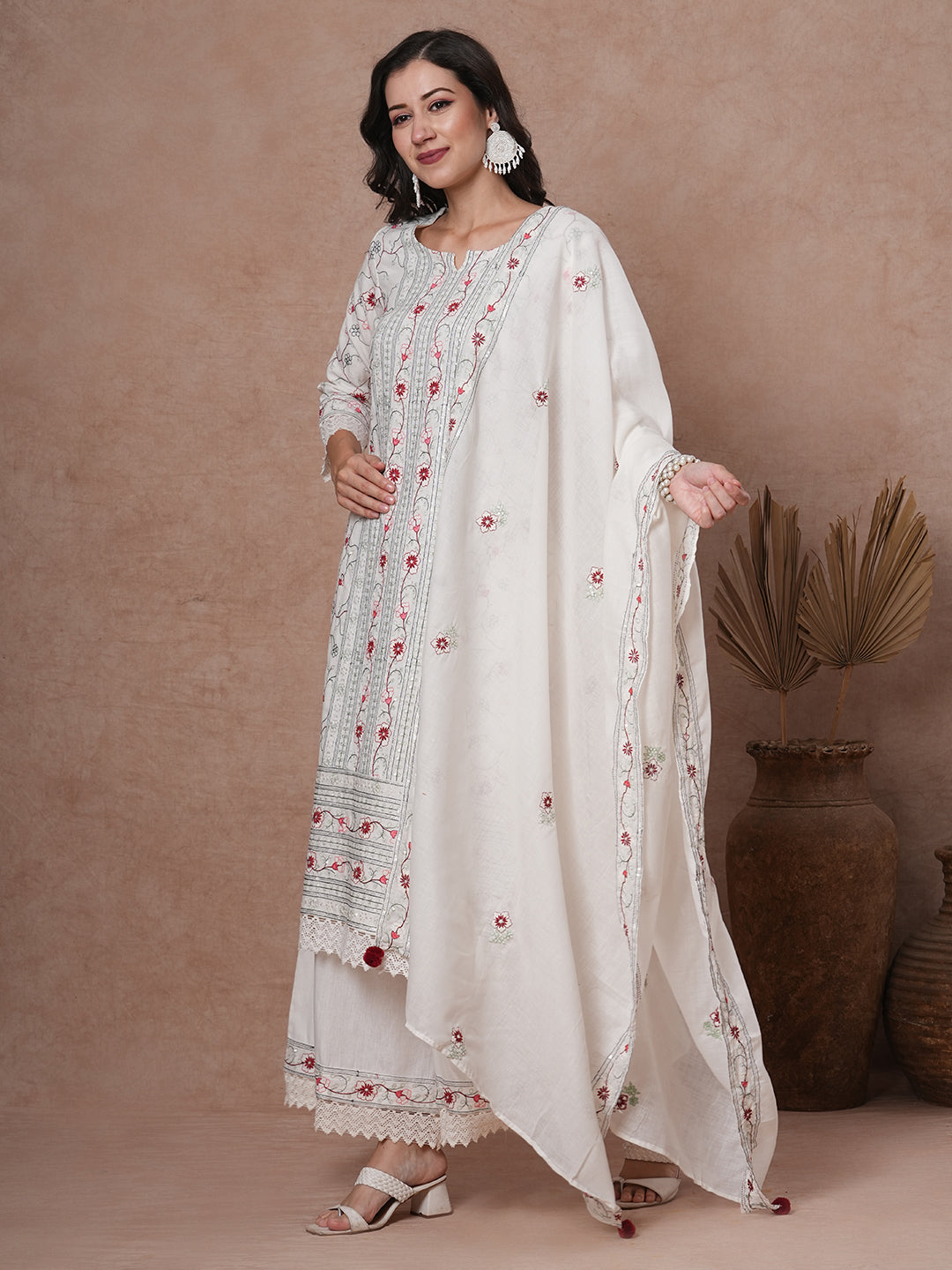 Solid Floral Embroidered Straight Fit Kurta with Palazzo & Dupatta - White