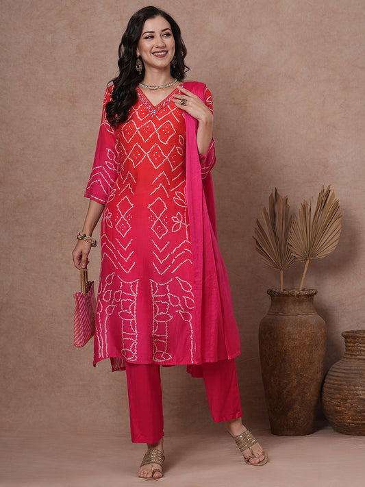 Bandhani Printed & Embroidered Straight Kurta with Pant & Dupatta - Pink