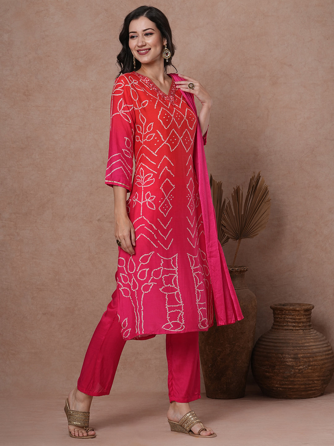 Bandhani Printed & Embroidered Straight Kurta with Pant & Dupatta - Pink