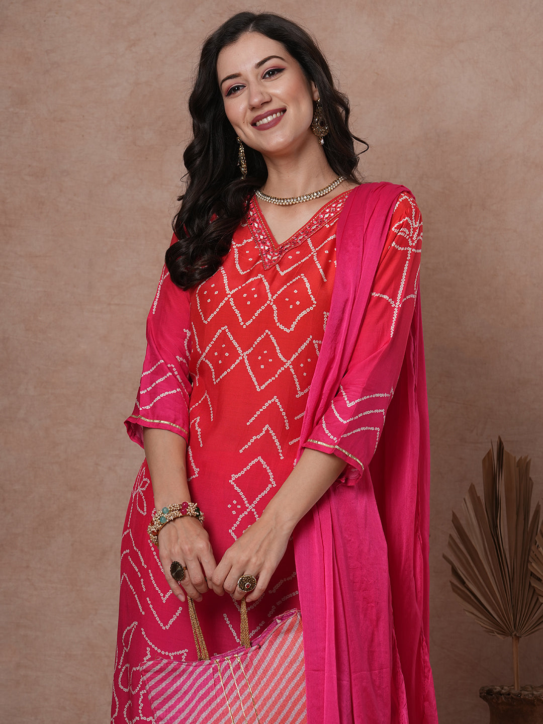 Bandhani Printed & Embroidered Straight Kurta with Pant & Dupatta - Pink