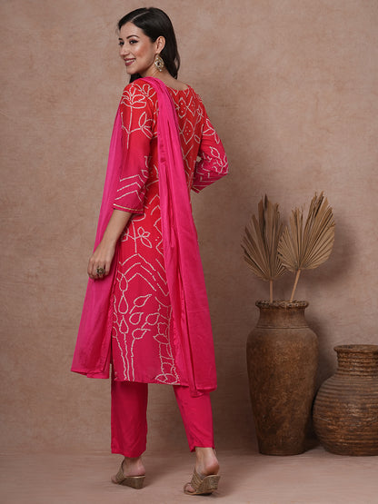 Bandhani Printed & Embroidered Straight Kurta with Pant & Dupatta - Pink