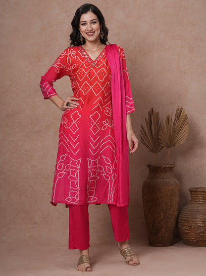 Bandhani Printed & Embroidered Straight Kurta with Pant & Dupatta - Pink