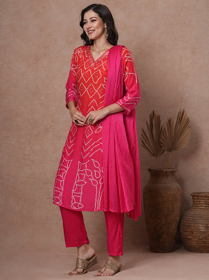 Bandhani Printed & Embroidered Straight Kurta with Pant & Dupatta - Pink