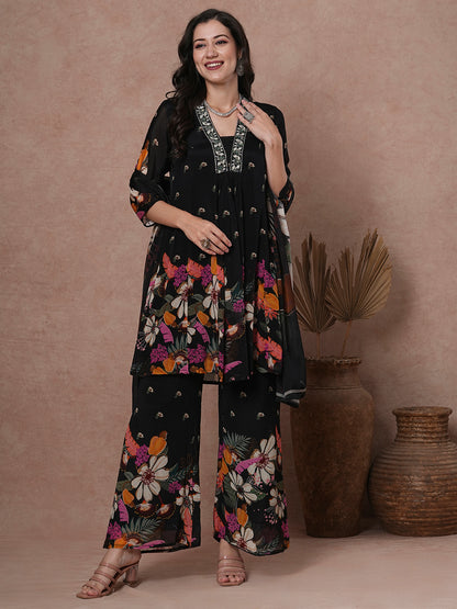 Abstract Floral Printed & Embroidered A-Line Paneled Kurta with Palazzo & Dupatta - Black