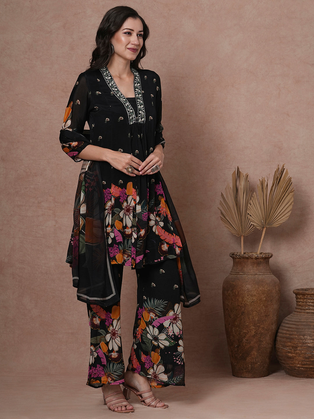 Abstract Floral Printed & Embroidered A-Line Paneled Kurta with Palazzo & Dupatta - Black