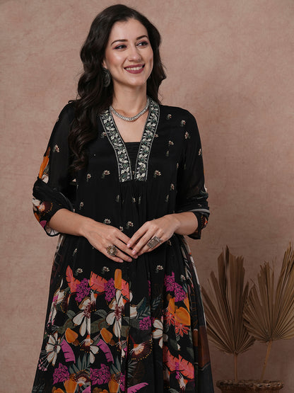 Abstract Floral Printed & Embroidered A-Line Paneled Kurta with Palazzo & Dupatta - Black