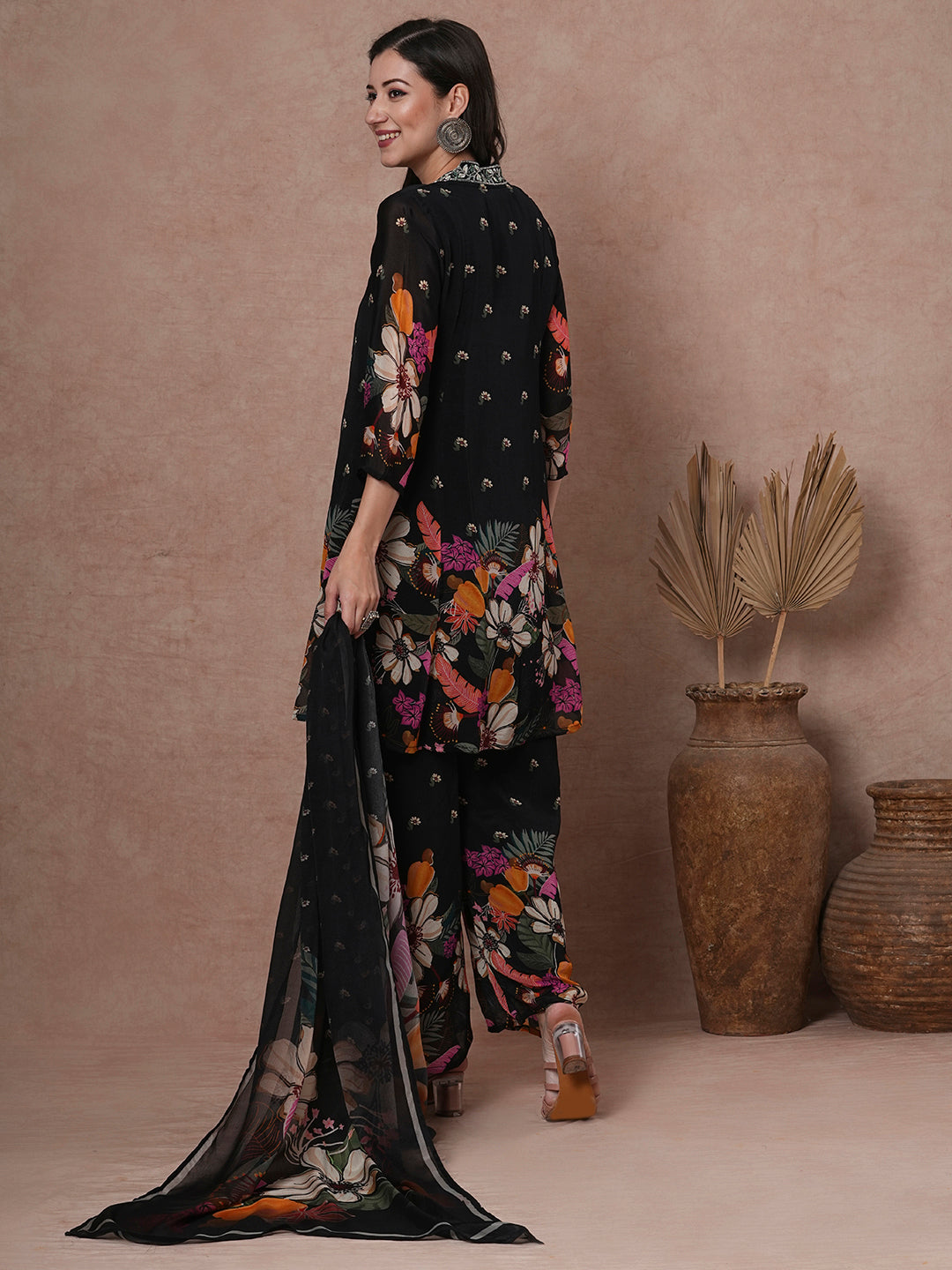 Abstract Floral Printed & Embroidered A-Line Paneled Kurta with Palazzo & Dupatta - Black