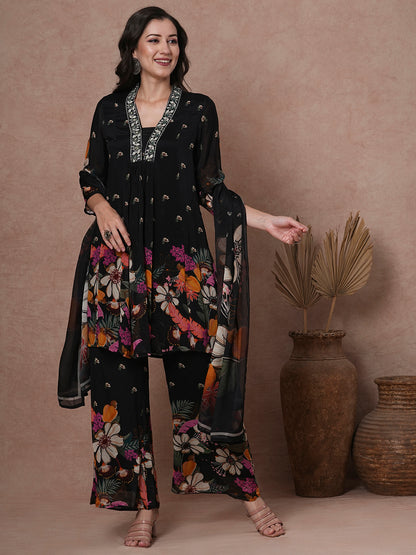 Abstract Floral Printed & Embroidered A-Line Paneled Kurta with Palazzo & Dupatta - Black