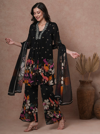 Abstract Floral Printed & Embroidered A-Line Paneled Kurta with Palazzo & Dupatta - Black