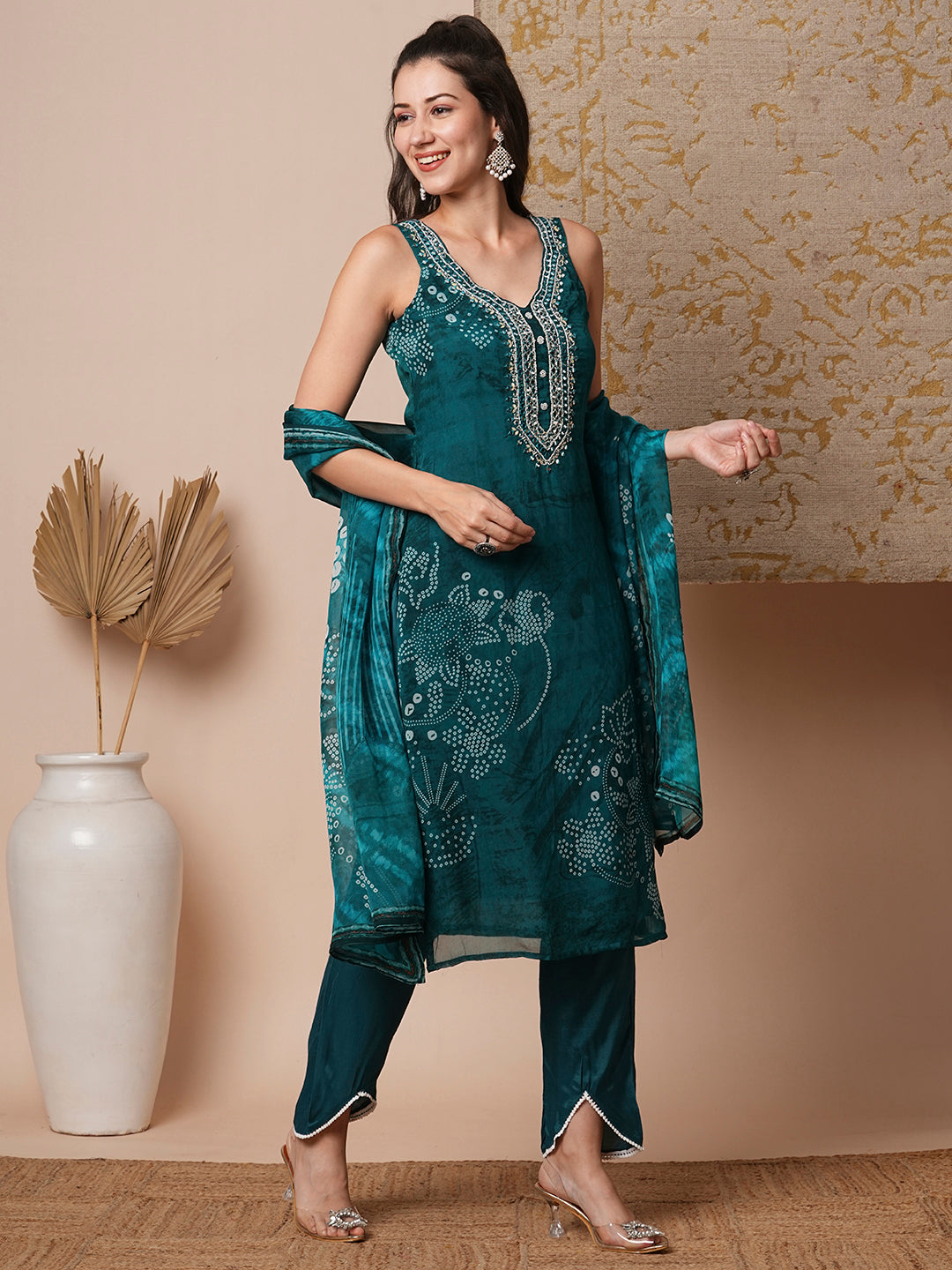 Bandhani Printed & Embroidered Straight Fit Kurta with Pant & Dupatta - Green