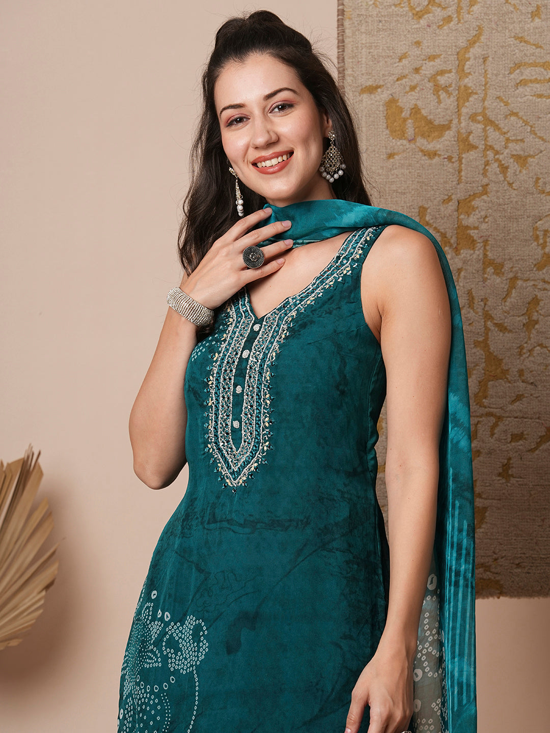 Bandhani Printed & Embroidered Straight Fit Kurta with Pant & Dupatta - Green