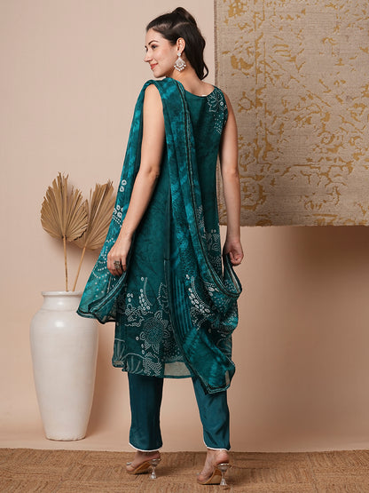 Bandhani Printed & Embroidered Straight Fit Kurta with Pant & Dupatta - Green