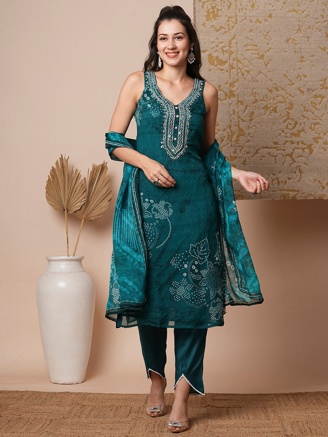 Bandhani Printed & Embroidered Straight Fit Kurta with Pant & Dupatta - Green