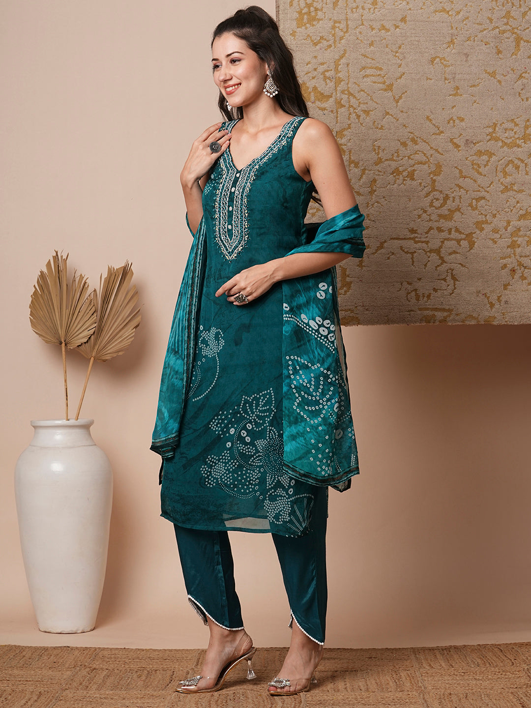 Bandhani Printed & Embroidered Straight Fit Kurta with Pant & Dupatta - Green