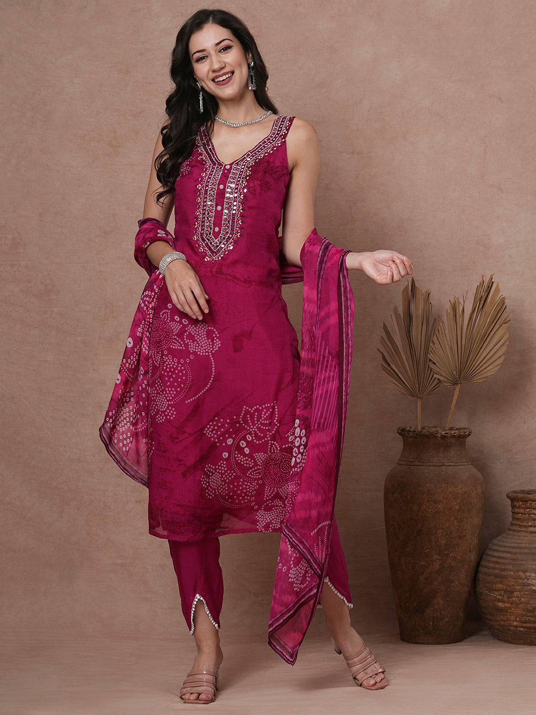 Bandhani Printed & Embroidered Straight Fit Kurta with Pant & Dupatta - Magenta