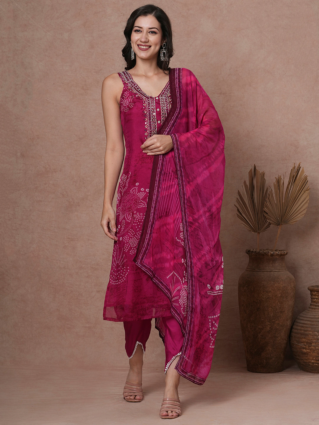 Bandhani Printed & Embroidered Straight Fit Kurta with Pant & Dupatta - Magenta