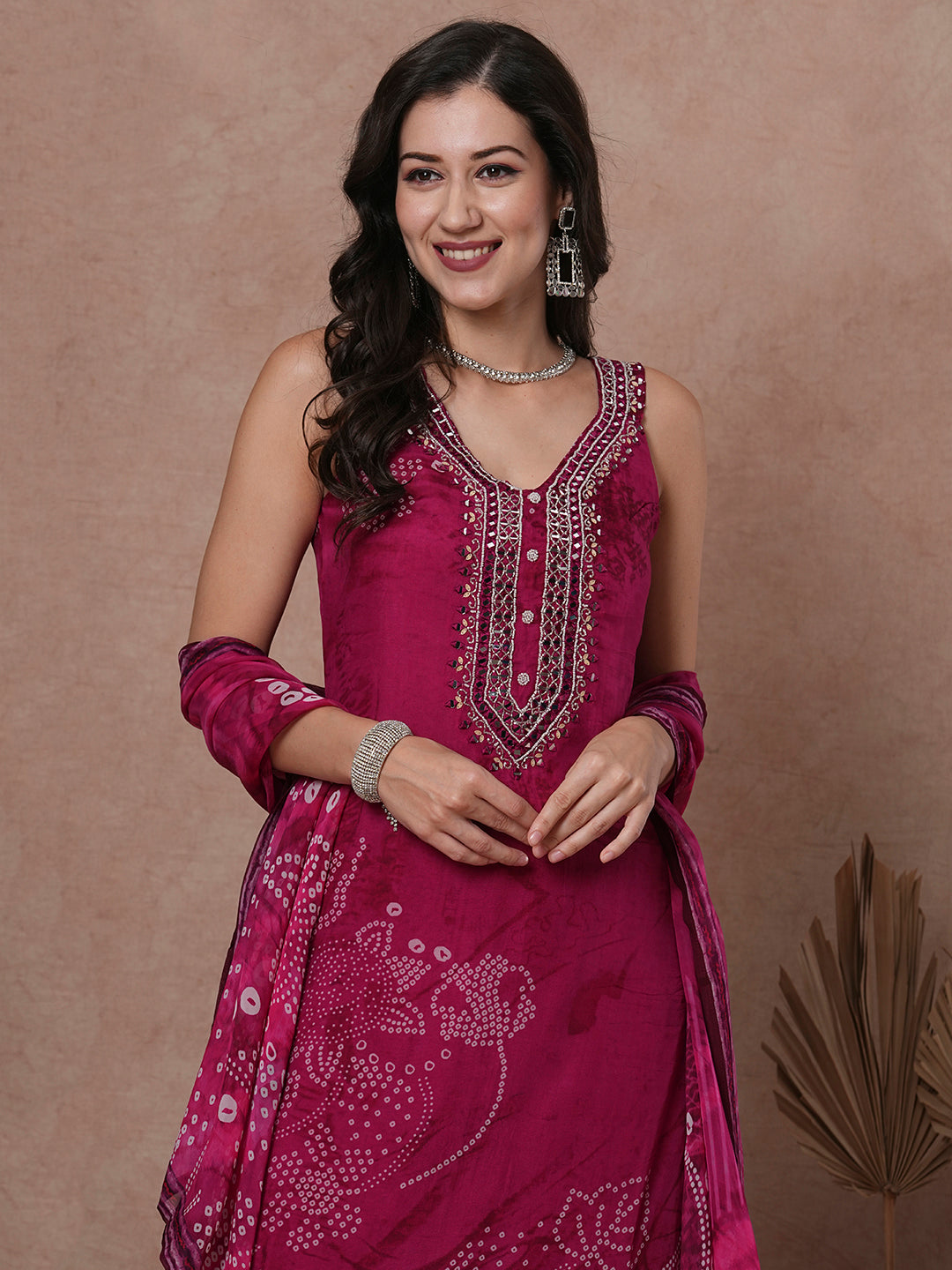 Bandhani Printed & Embroidered Straight Fit Kurta with Pant & Dupatta - Magenta