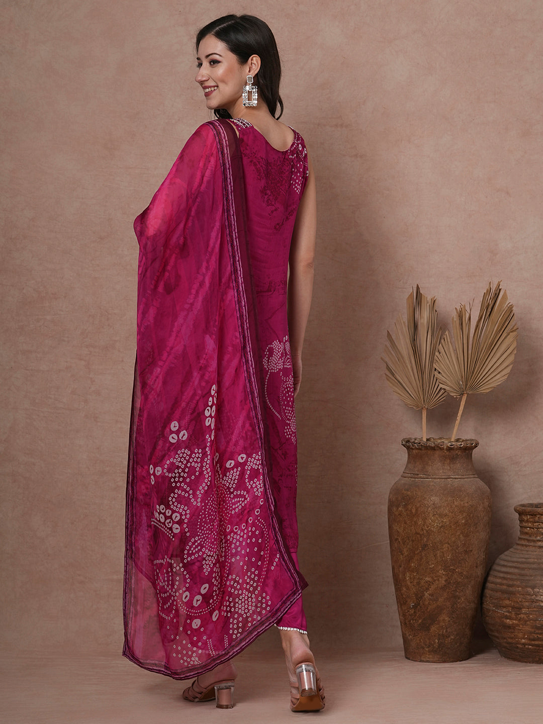 Bandhani Printed & Embroidered Straight Fit Kurta with Pant & Dupatta - Magenta