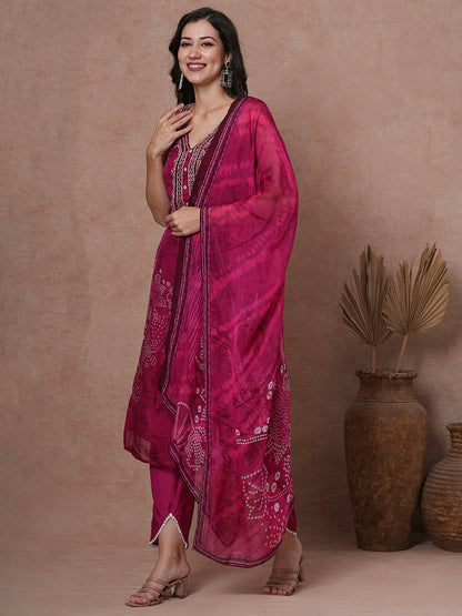 Bandhani Printed & Embroidered Straight Fit Kurta with Pant & Dupatta - Magenta