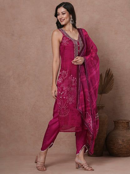 Bandhani Printed & Embroidered Straight Fit Kurta with Pant & Dupatta - Magenta