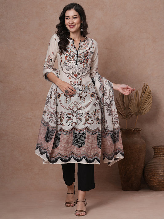 Floral Printed & Straight Kurta with Pant & Pure Cotton Dupatta - White