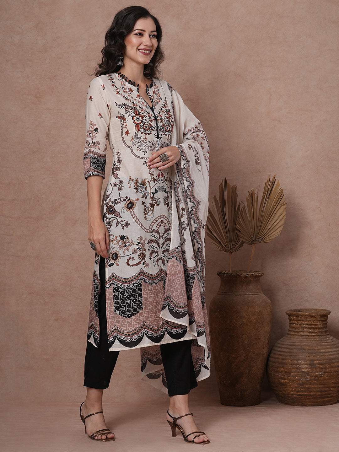 Floral Printed & Straight Kurta with Pant & Pure Cotton Dupatta - White