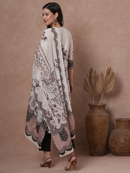 Floral Printed & Straight Kurta with Pant & Pure Cotton Dupatta - White