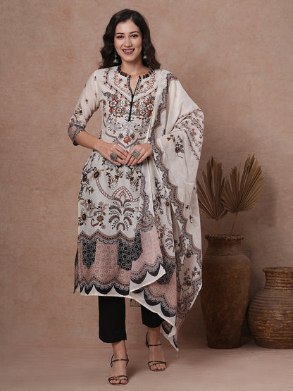 Floral Printed & Straight Kurta with Pant & Pure Cotton Dupatta - White