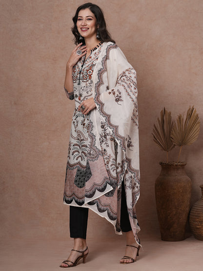 Floral Printed & Straight Kurta with Pant & Pure Cotton Dupatta - White