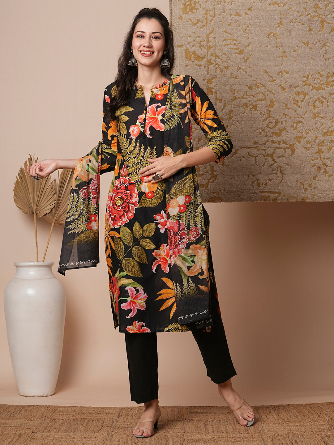 Floral Printed & Straight Kurta with Pant & Pure Cotton Dupatta - Black