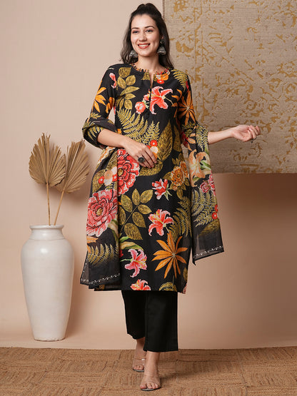 Floral Printed & Straight Kurta with Pant & Pure Cotton Dupatta - Black