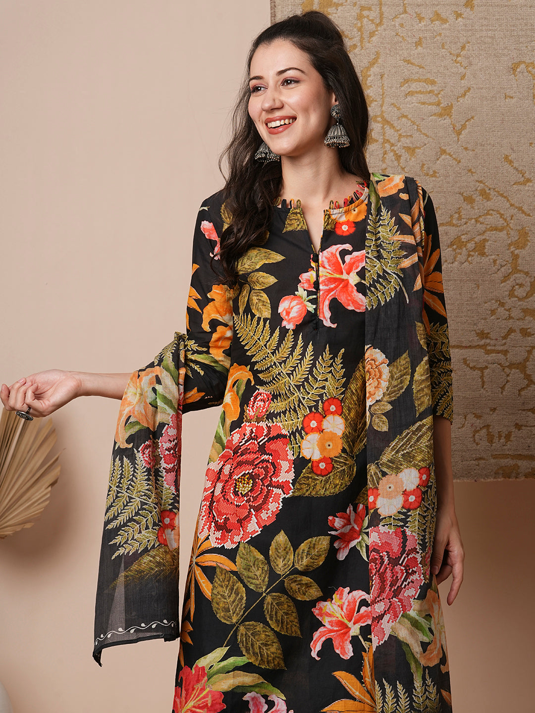 Floral Printed & Straight Kurta with Pant & Pure Cotton Dupatta - Black