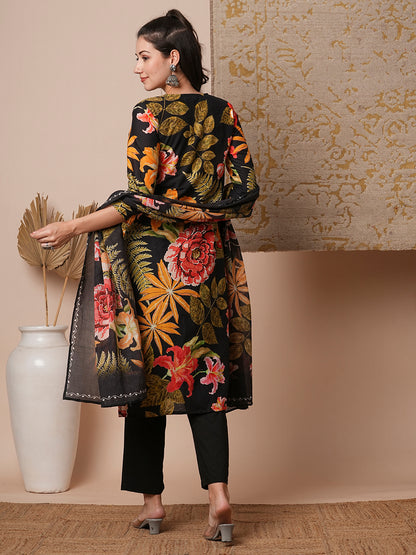 Floral Printed & Straight Kurta with Pant & Pure Cotton Dupatta - Black