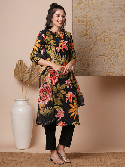 Floral Printed & Straight Kurta with Pant & Pure Cotton Dupatta - Black