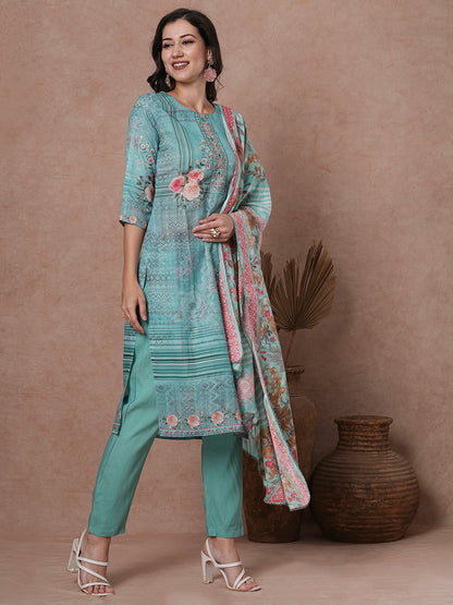 Floral Printed & Embroidered Straight Kurta with Pant & Dupatta - Mint Green