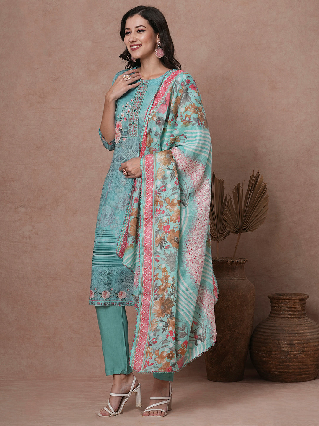 Floral Printed & Embroidered Straight Kurta with Pant & Dupatta - Mint Green